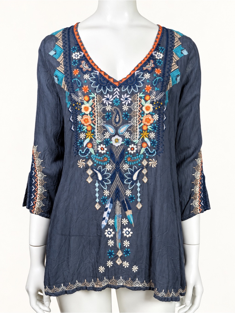 Johnny Was Embroidered Rayon Tunic Blouse Charcoal Blue Boho XS 3/4 Sleeve